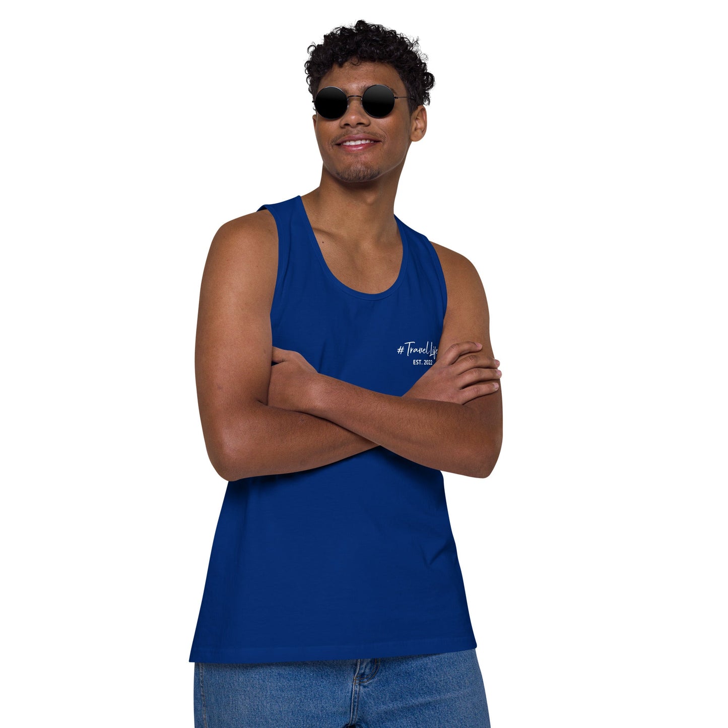 #Travellife Signature Est. 2022 Men’s Premium Tank Top White Text 2X+