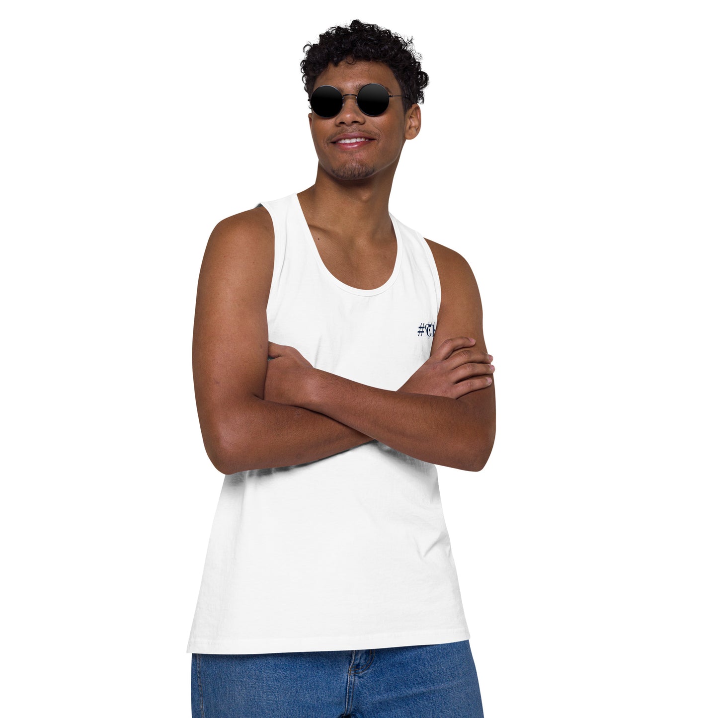 Men’s White Premium Tank Top Navy #TL Logo