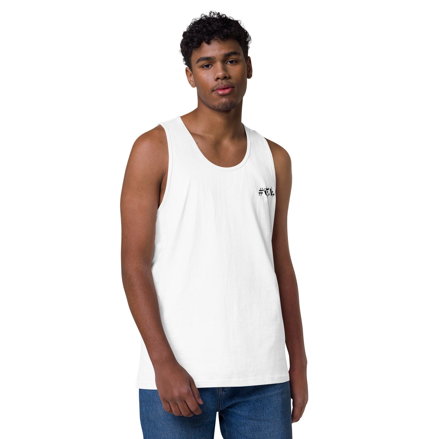 Men’s White Premium Tank Top Black #TL Logo 2X+