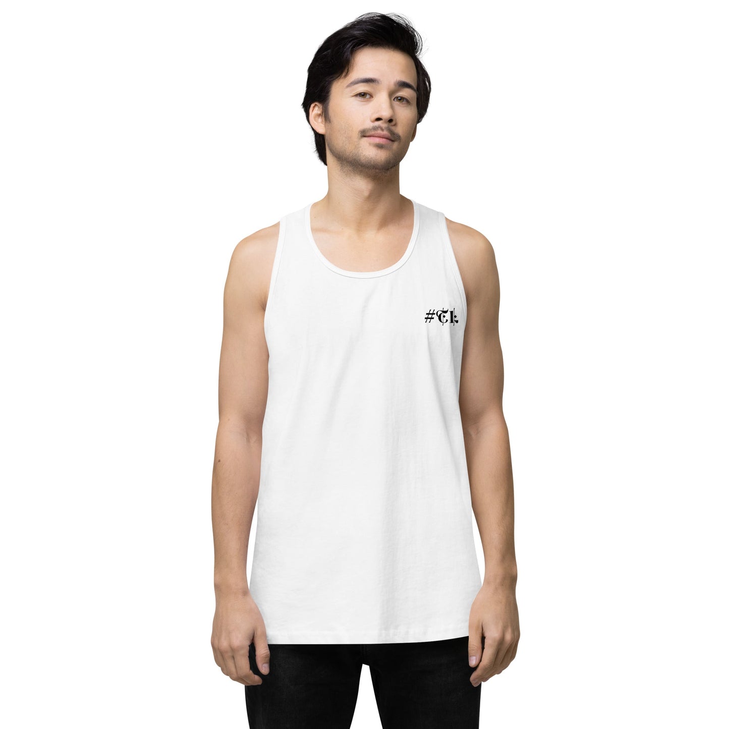 Men’s White Premium Tank Top Black #TL Logo 2X+