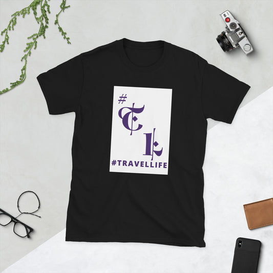 White Background #TL Logo Unisex T-Shirt Purple Text