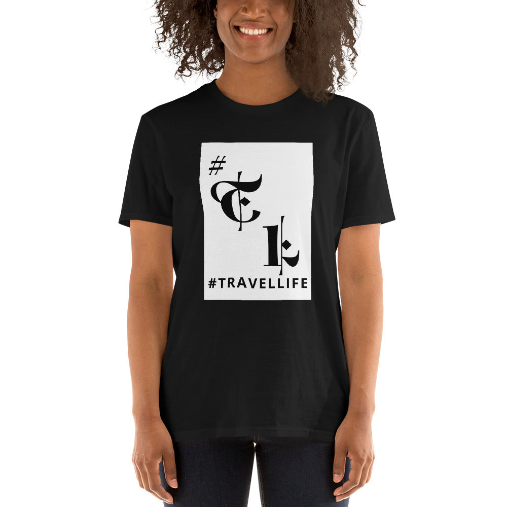 White Background #TL Logo Black Unisex T-Shirt Black Text