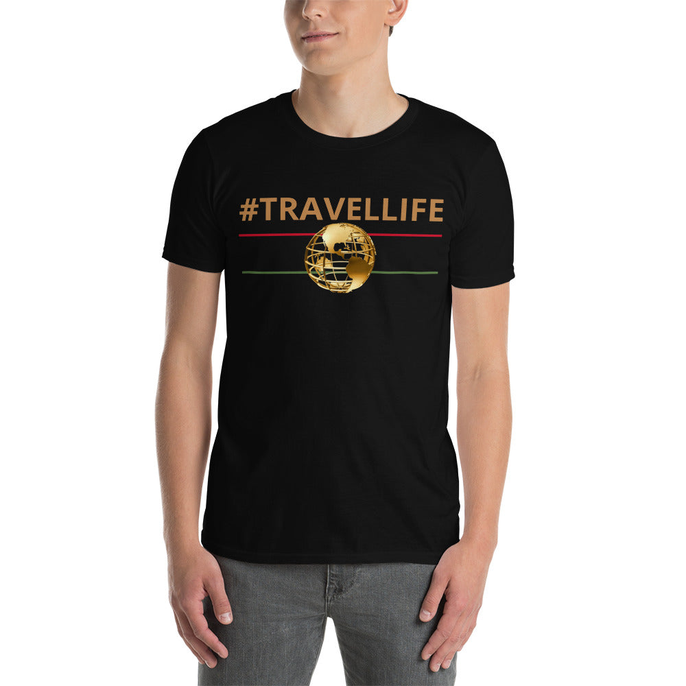 #Travellife World Black Unisex T-Shirt Gold Text