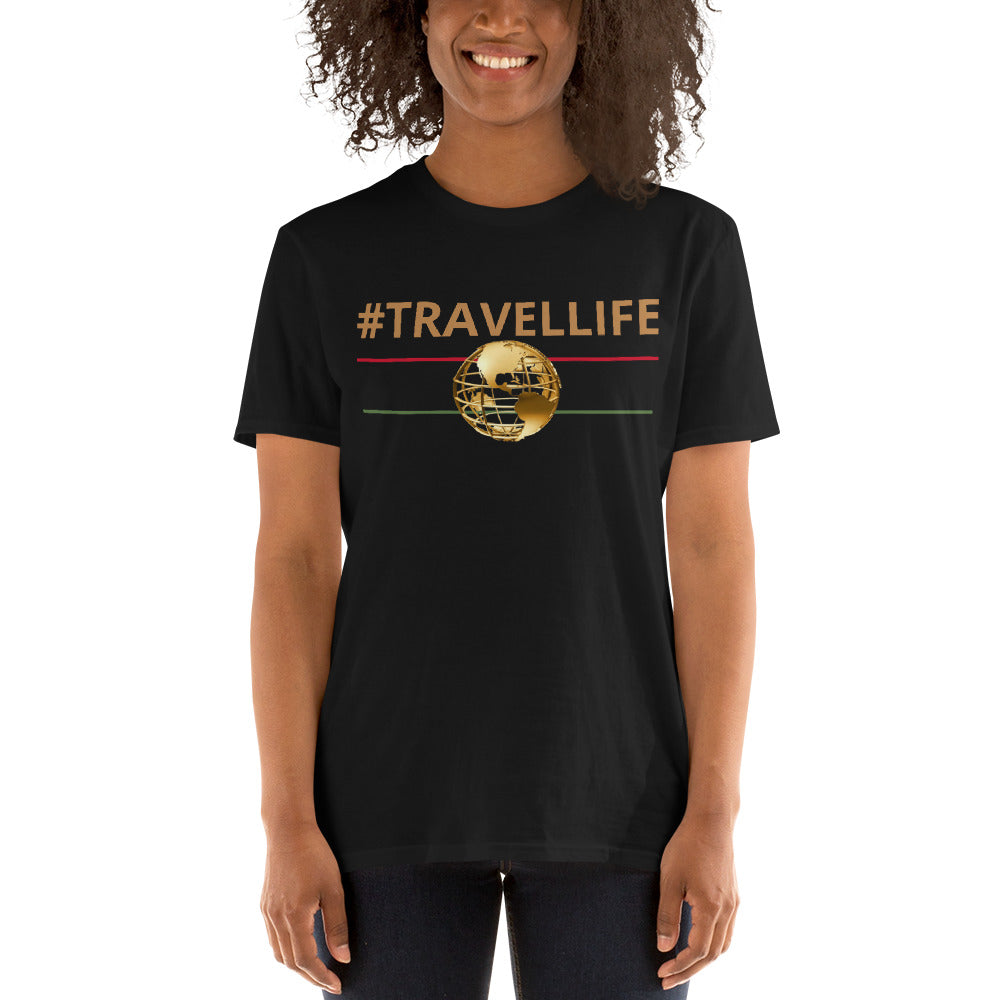 #Travellife World Black Unisex T-Shirt Gold Text