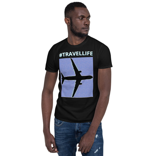 #Travellife PTA Unisex T-Shirt White Text Blue Background