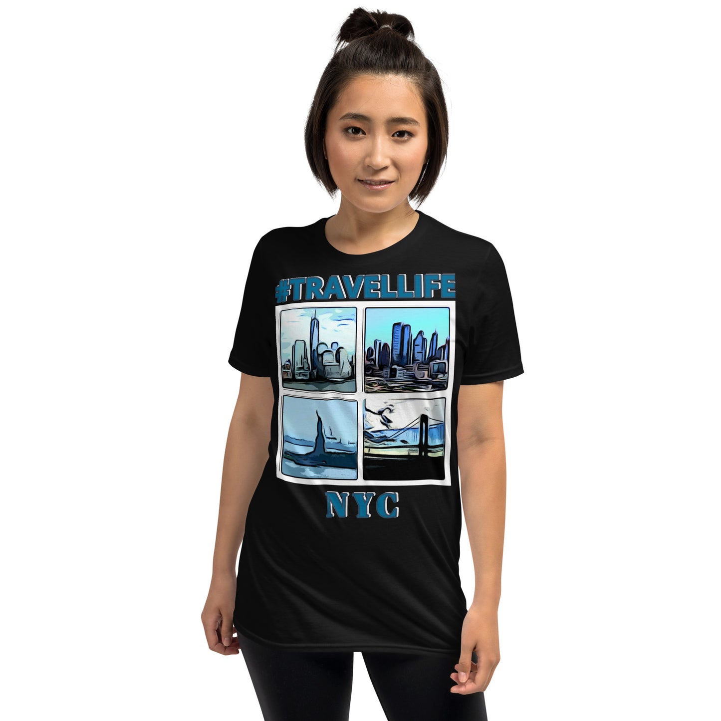 #Travellife NYC Collage Unisex T-Shirt blue text