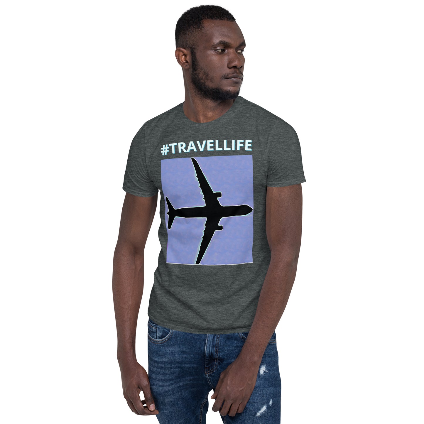 #Travellife PTA Unisex T-Shirt White Text Blue Background