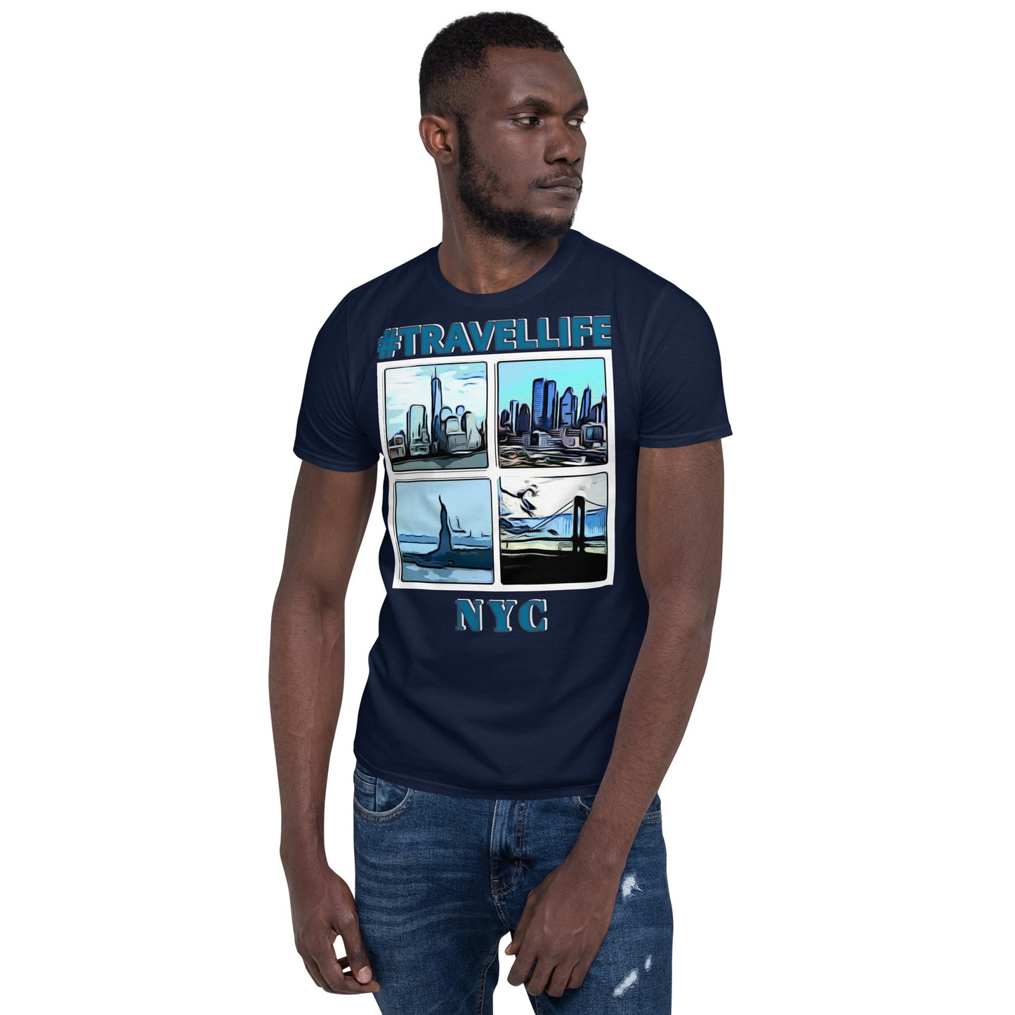 #Travellife NYC Collage Unisex T-Shirt blue text