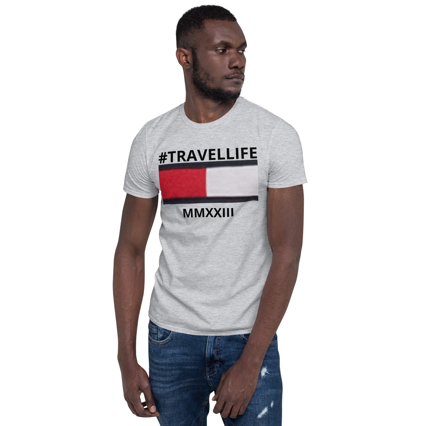 #Travellife Banner Roman 2023 Gray Unisex T-Shirt Navy Text