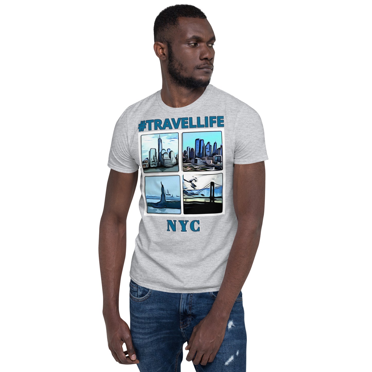 #Travellife NYC Collage Unisex T-Shirt blue text