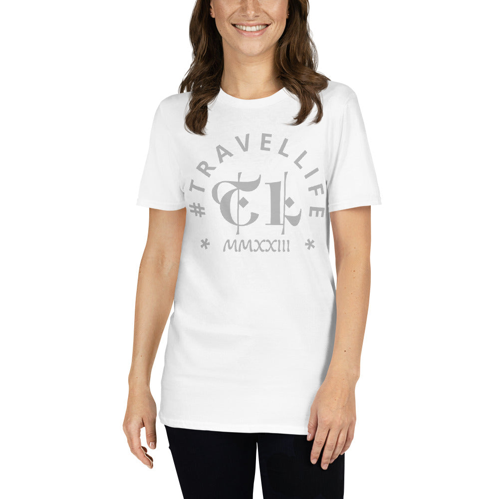 #Travellife Arc TL Logo Roman 2023 Unisex T-Shirt Silver Text 2X+