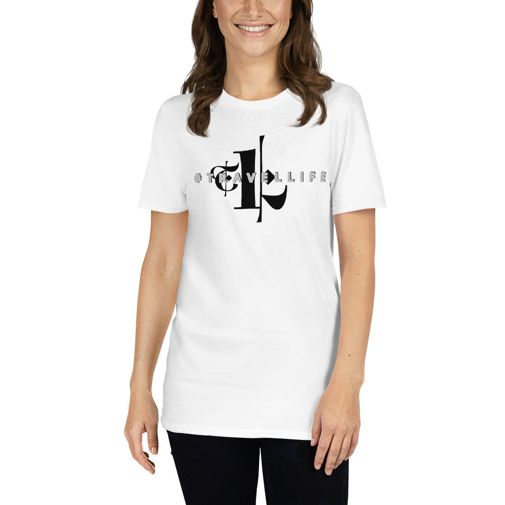 #Travellife in #TL White Unisex T-Shirt Black Text