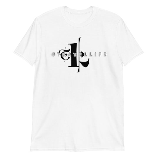 #Travellife in #TL Plus Size White Unisex T-Shirt Black Text