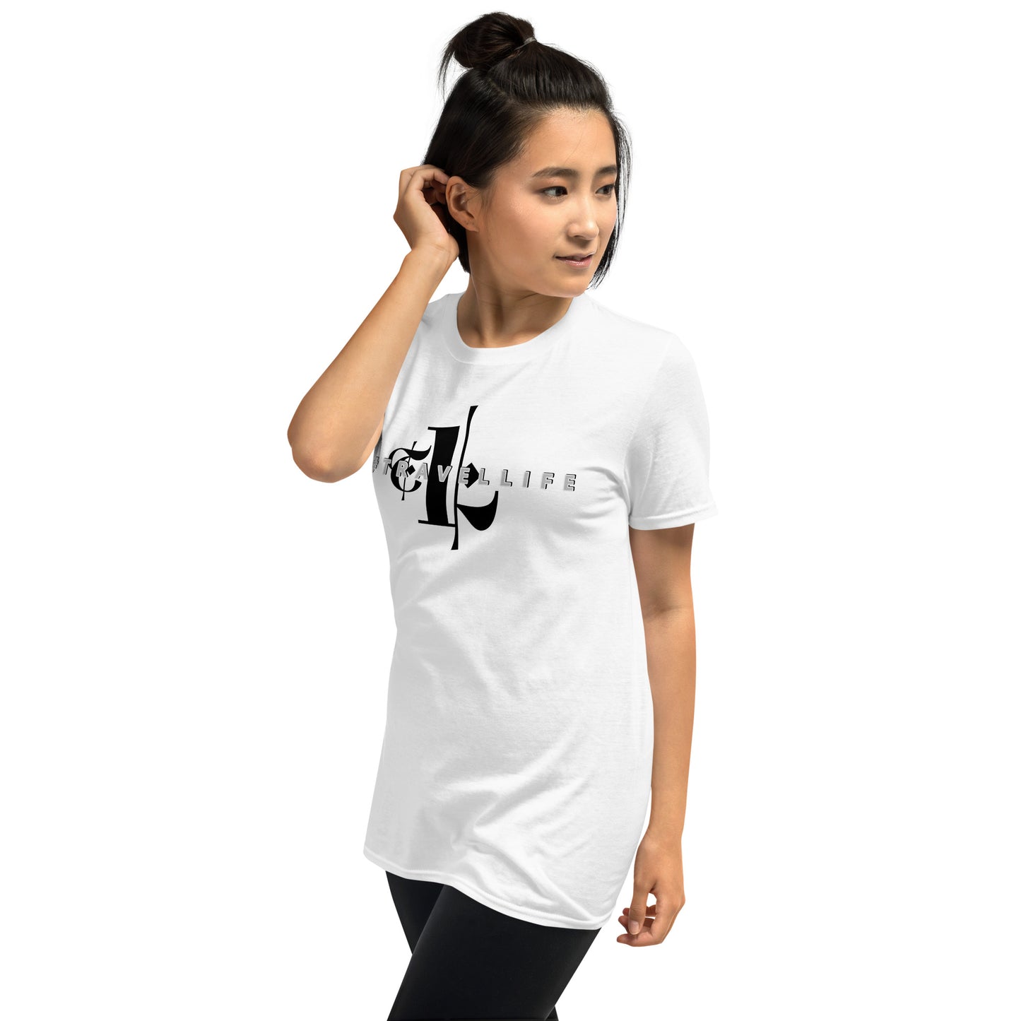 #Travellife in #TL White Unisex T-Shirt Black Text