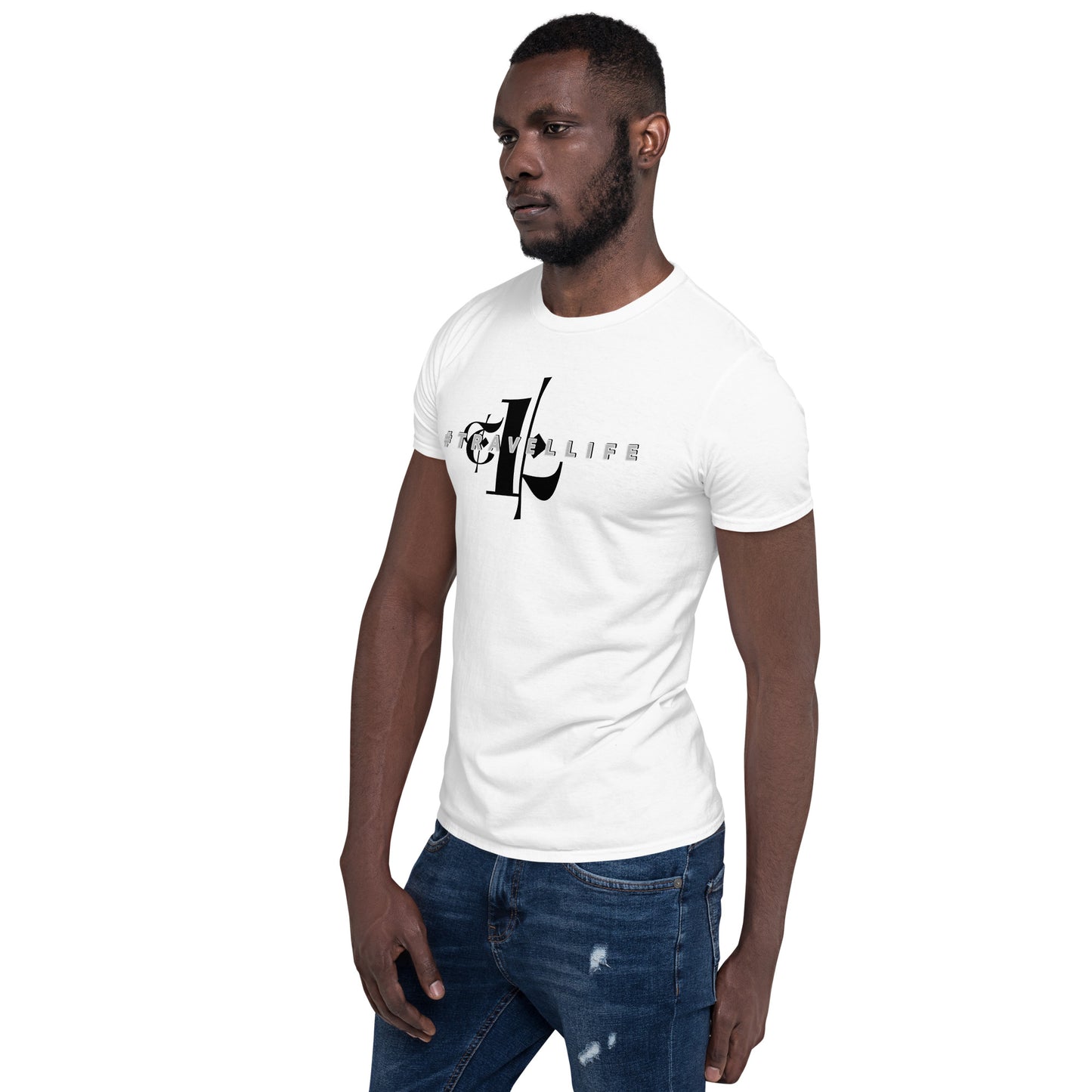 #Travellife in #TL White Unisex T-Shirt Black Text