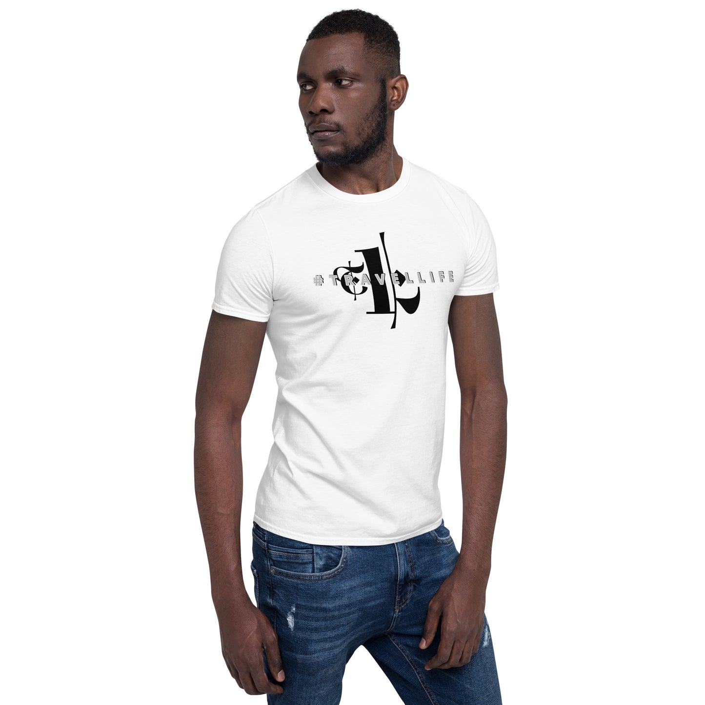 #Travellife in #TL White Unisex T-Shirt Black Text