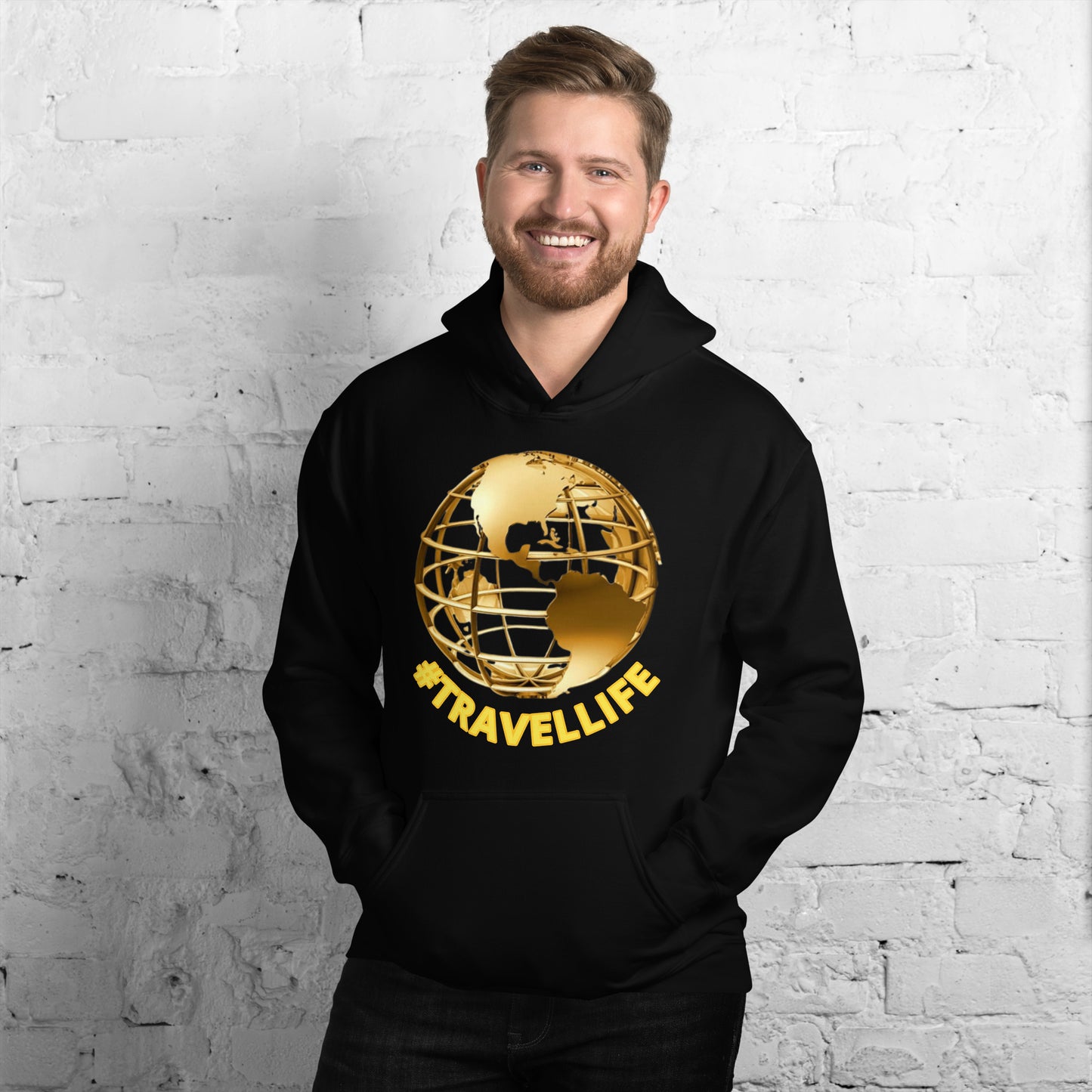 #Travellife Gold Text Underneath Gold Globe Unisex Hoodie