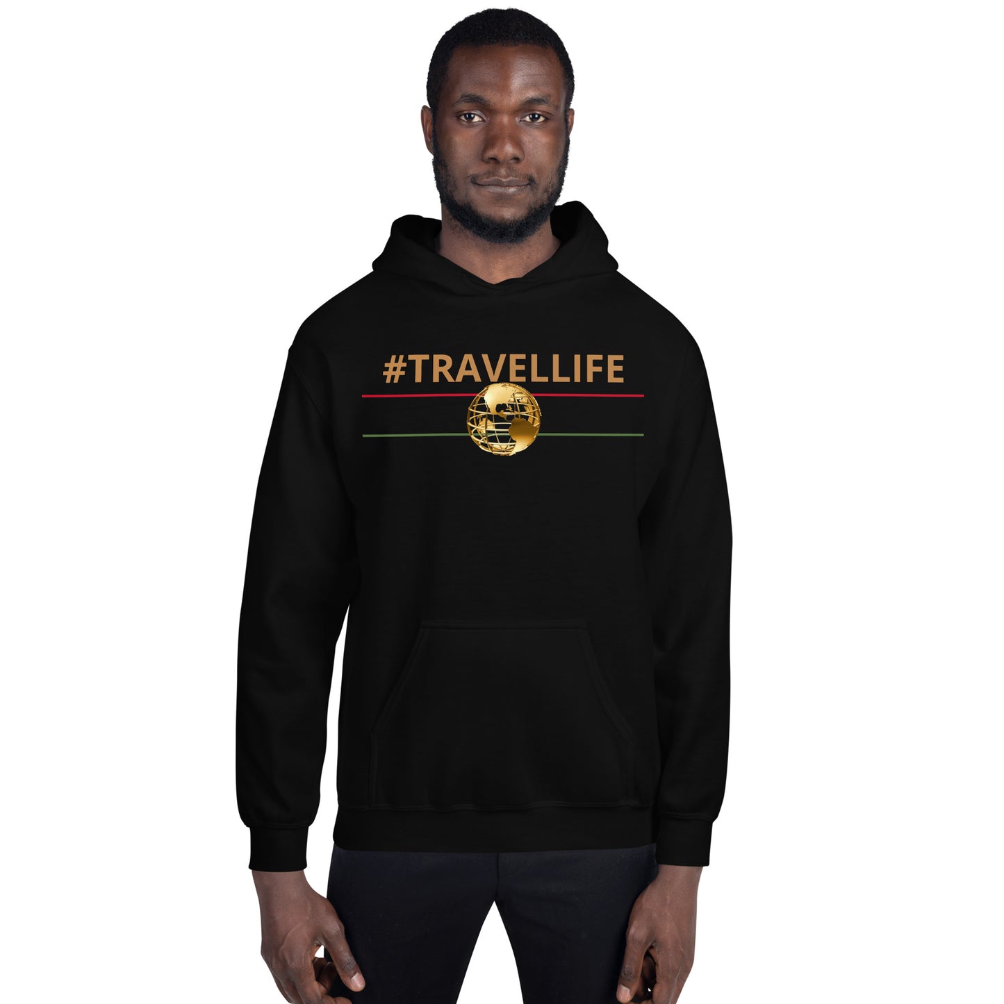 #Travellife Red, Black, and Green with Gold Globe Unisex Hoodie