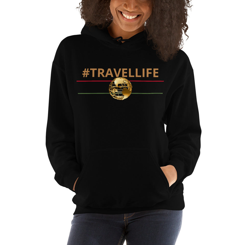 #Travellife Red, Black, and Green with Gold Globe Unisex Hoodie