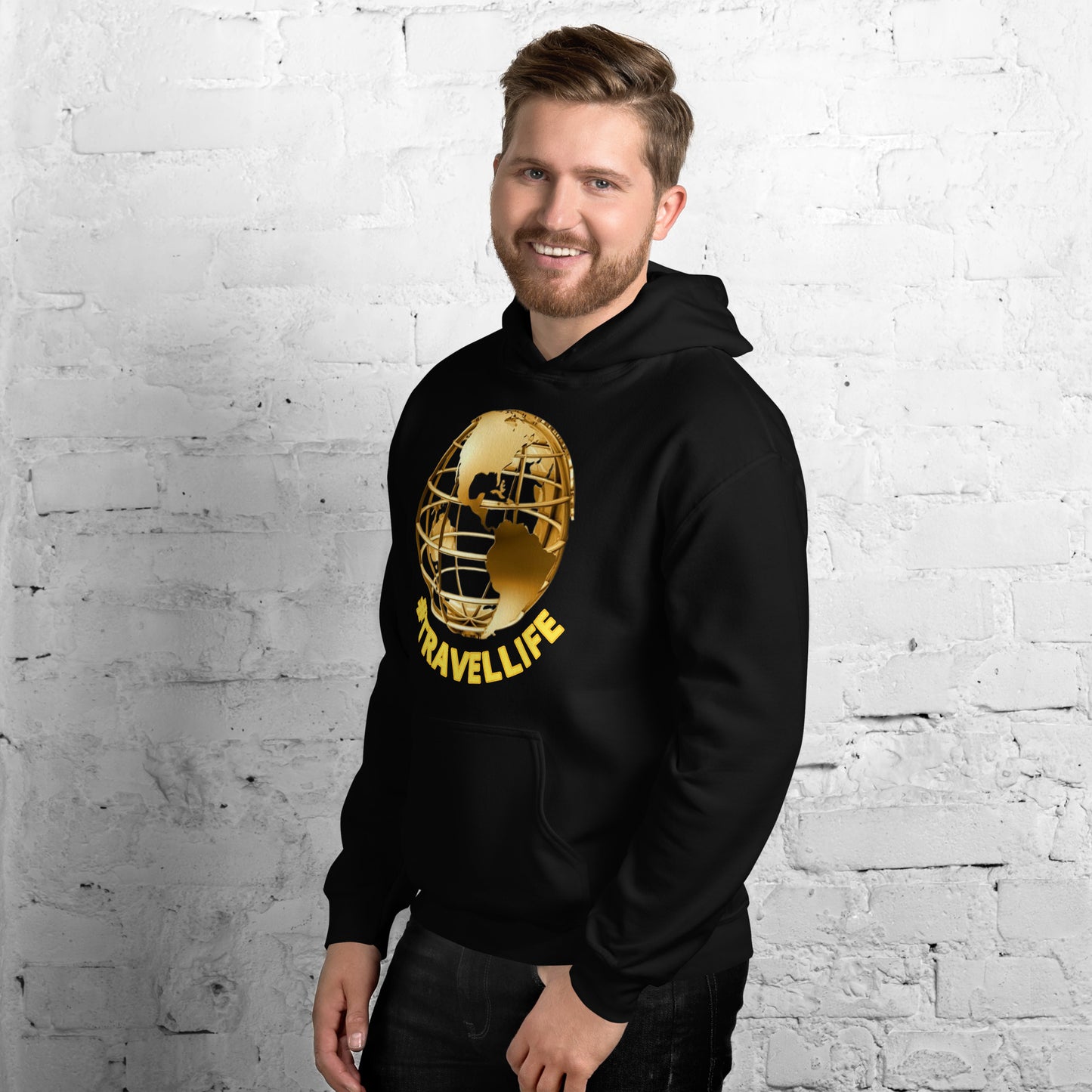 #Travellife Gold Text Underneath Gold Globe Unisex Hoodie