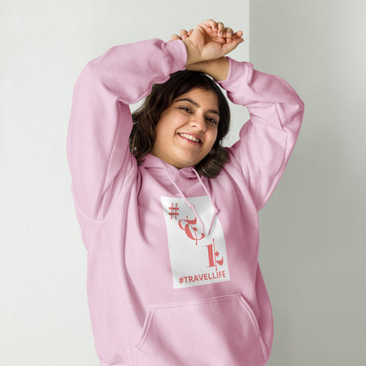 #Travellife White Background Pink Text #TL Logo Unisex Hoodie
