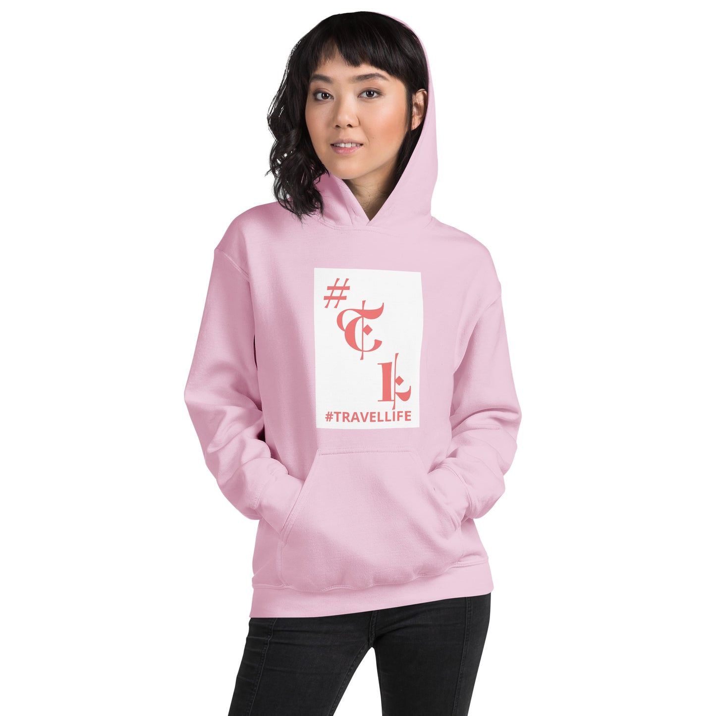 #Travellife White Background Pink Text #TL Logo Unisex Hoodie