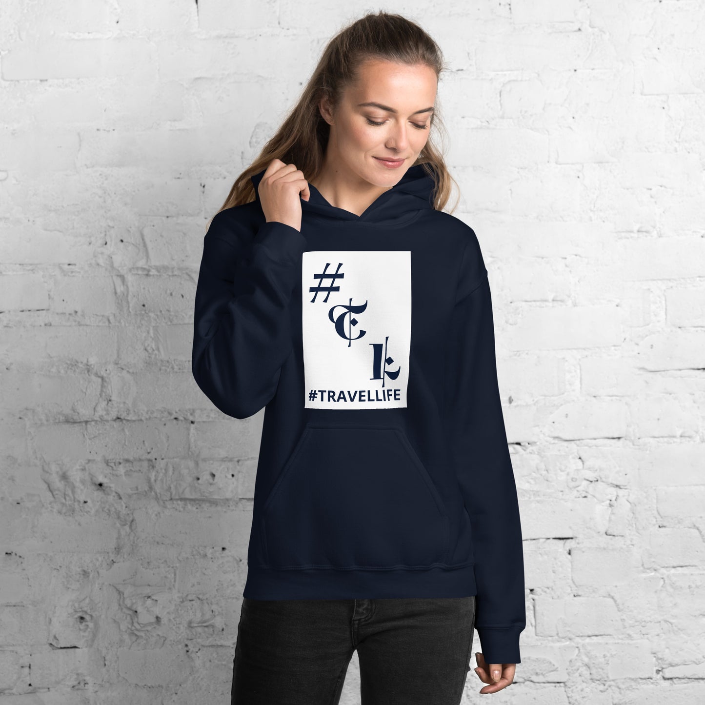 #Travellife White Background Navy #TL Text Unisex Hoodie