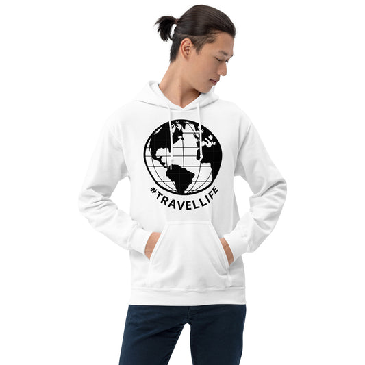 #Travellife Black Text Underneath Black Outlined Globe Unisex Hoodie