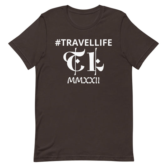 #Travellife TL Logo Roman 2022 Unisex T-shirt White Text 2X+