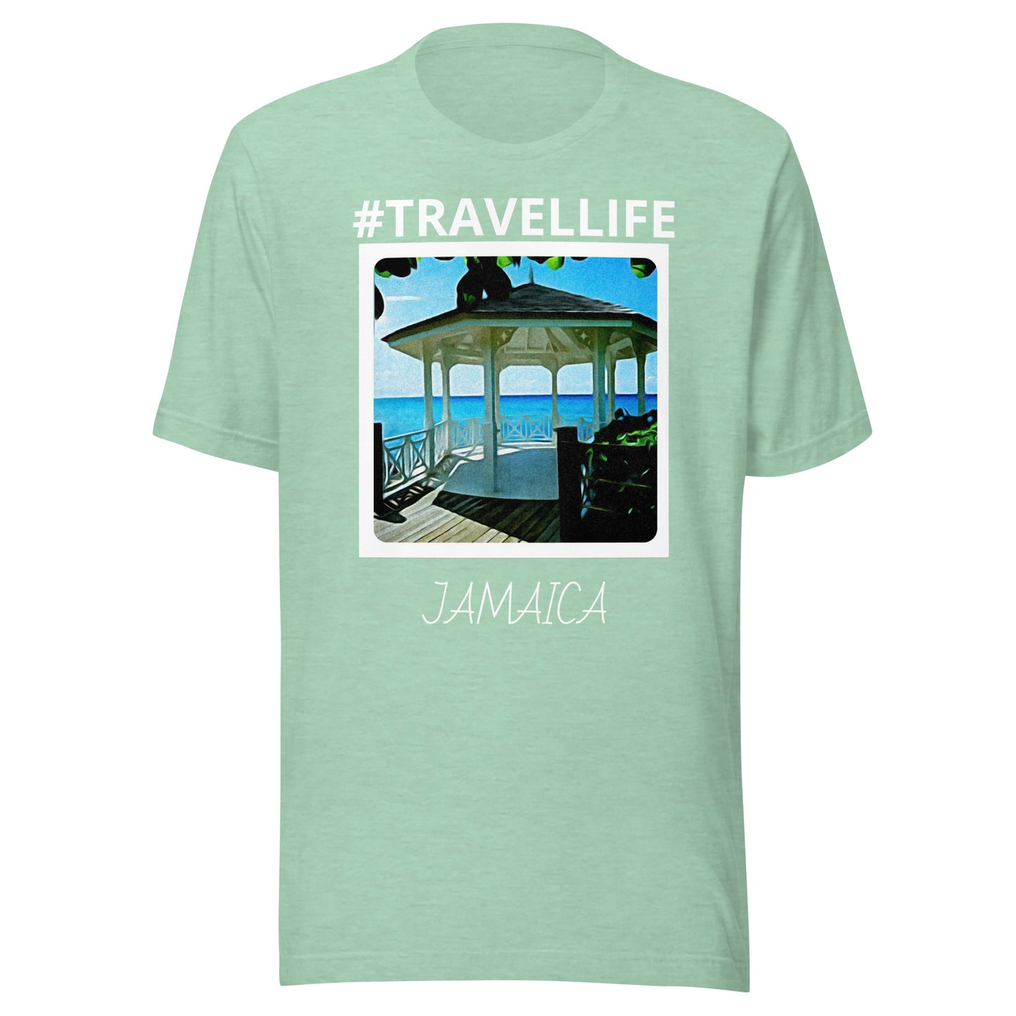 #Travellife Jamaica Beach Gazebo Unisex t-shirt white text