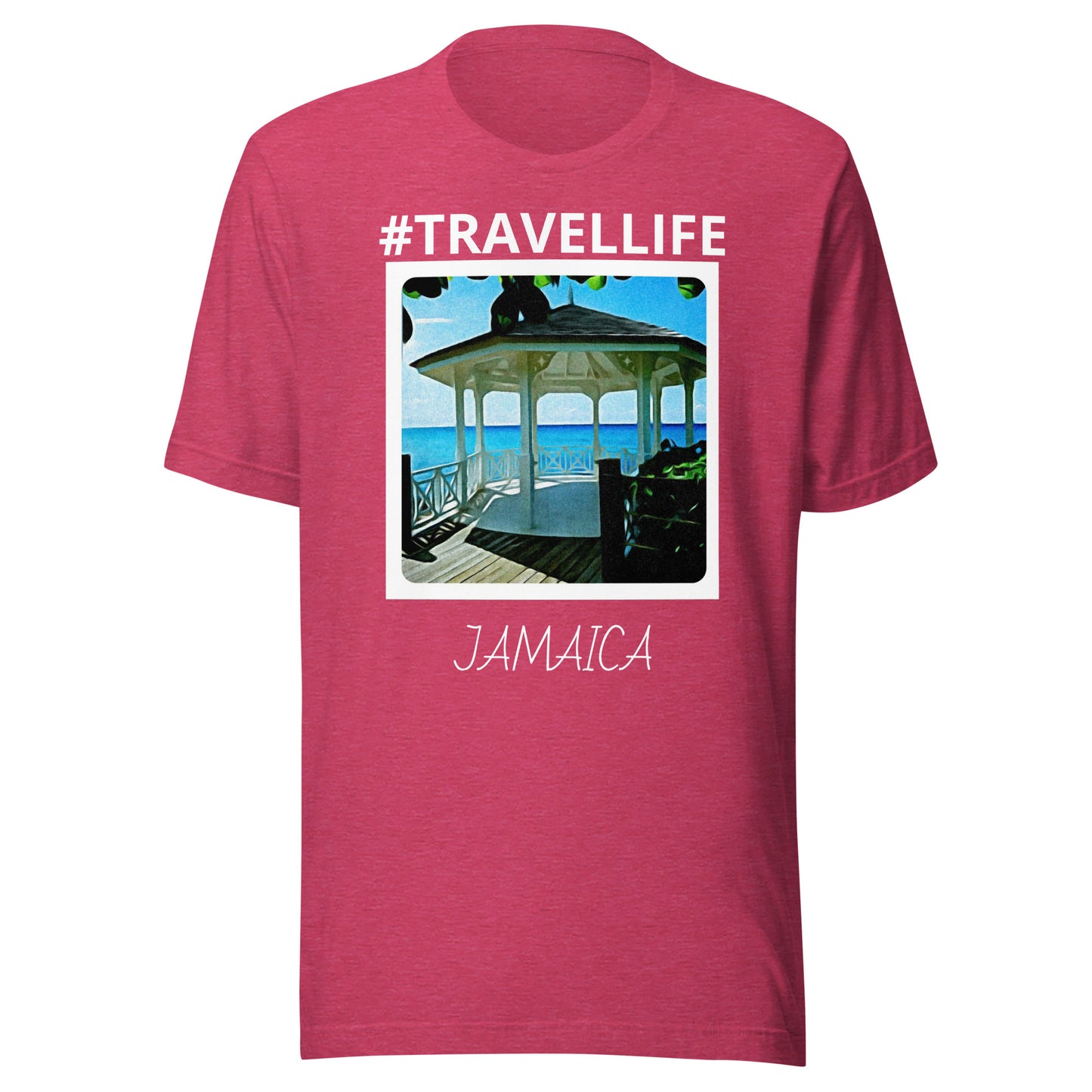 #Travellife Jamaica Beach Gazebo Unisex t-shirt white text