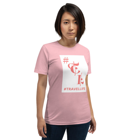 White Background #TL Logo Pink Unisex T-Shirt Pink Text