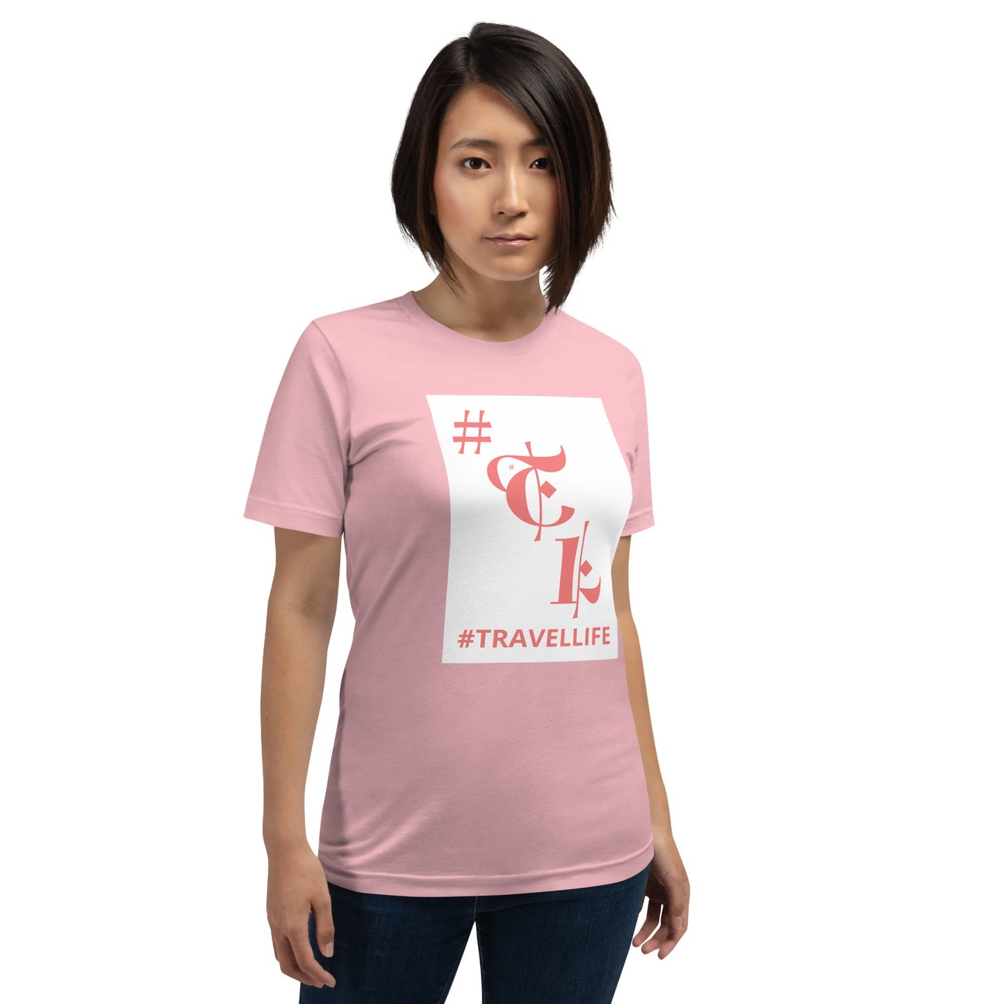 White Background #TL Logo Pink Unisex T-Shirt Pink Text 2X+