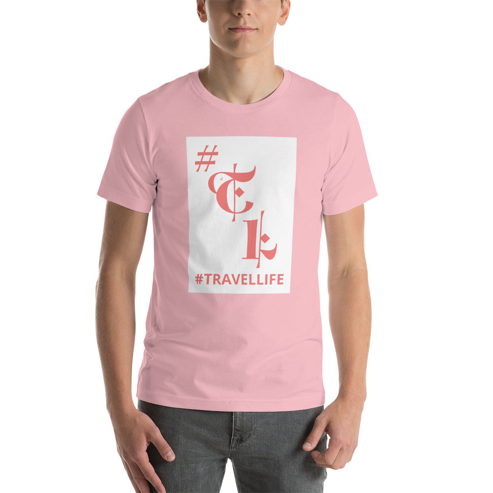 White Background #TL Logo Pink Unisex T-Shirt Pink Text