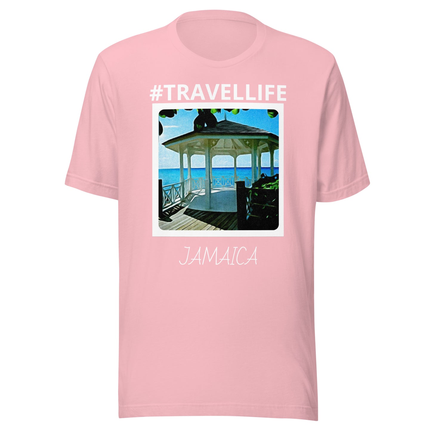 #Travellife Jamaica Beach Gazebo Unisex t-shirt white text