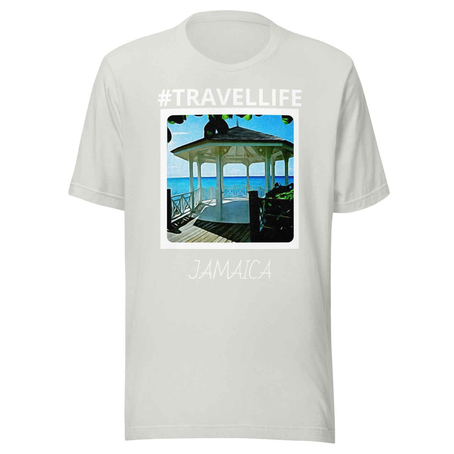 #Travellife Jamaica Beach Gazebo Unisex t-shirt white text