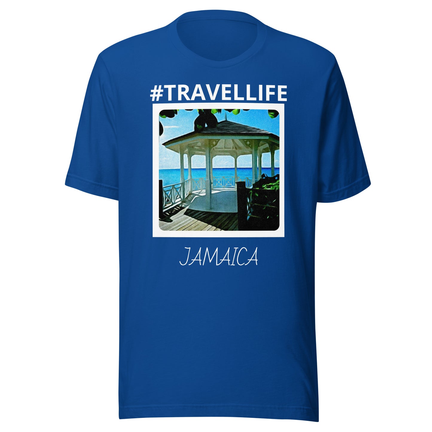 #Travellife Jamaica Beach Gazebo Unisex t-shirt white text