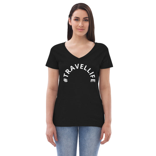 #Travellife Arc Women’s Recycled V-neck T-shirt White Text