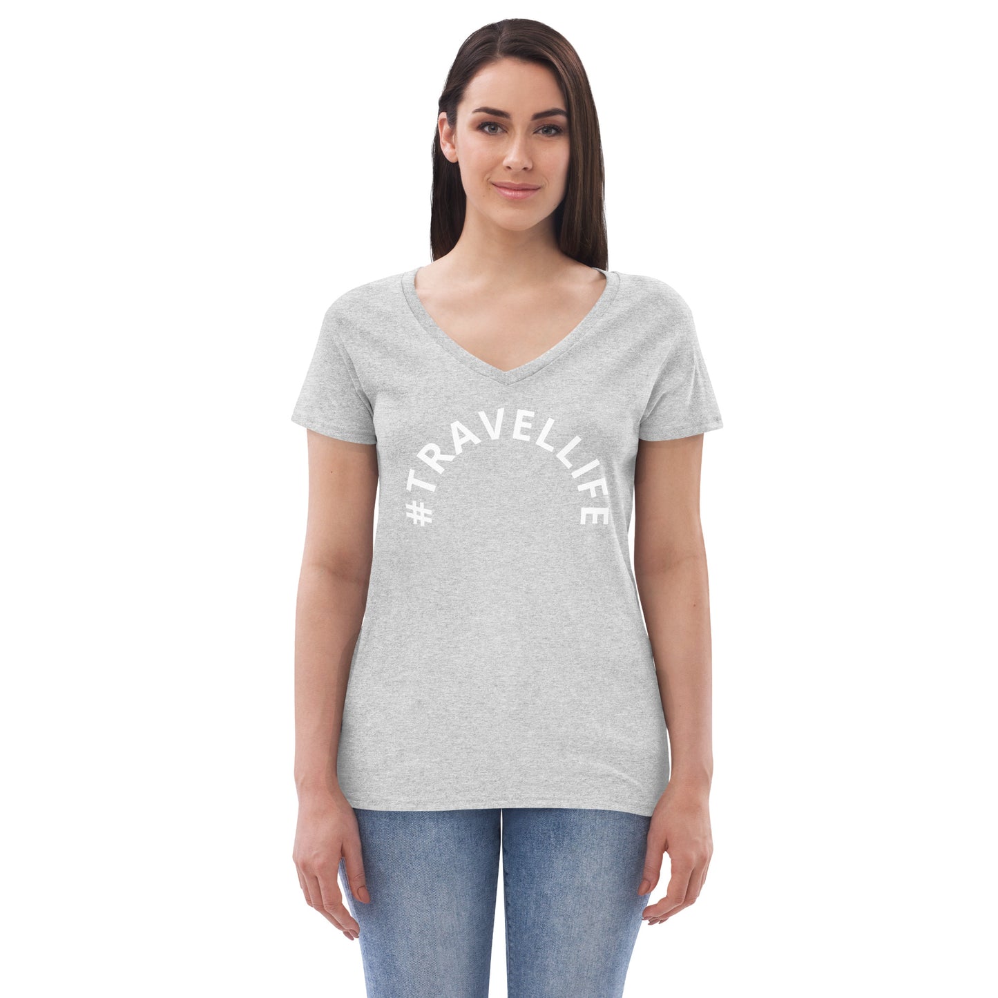 #Travellife Arc Women’s Recycled V-neck T-shirt White Text