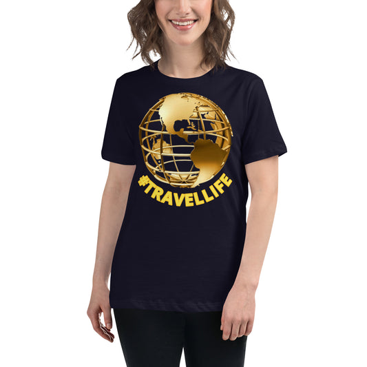 #Travellife World Women's Black Relaxed T-Shirt Large Gold Text