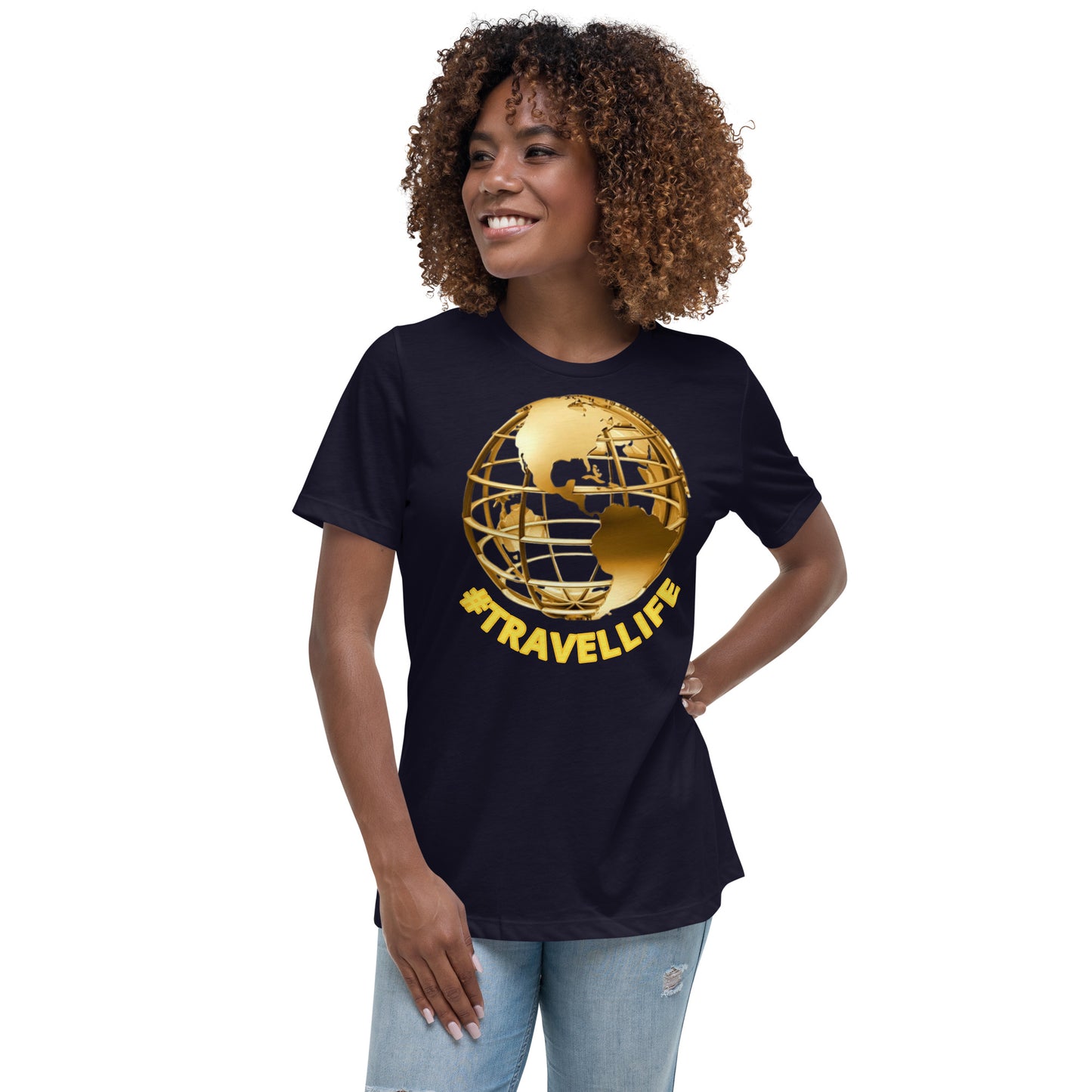 #Travellife World Women's Black Relaxed T-Shirt Large Gold Text