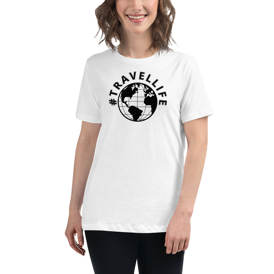 #Travellife World Women's White Relaxed T-Shirt Black Text