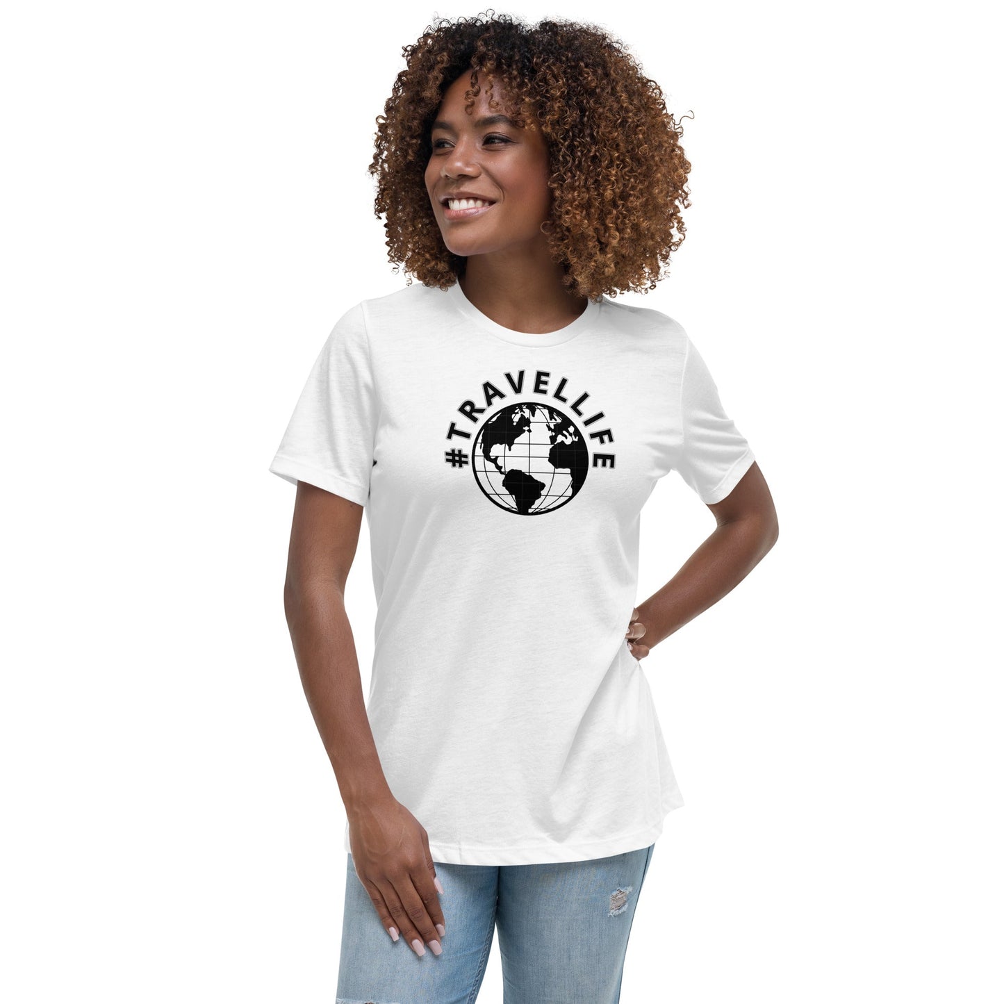 #Travellife World Women's White Relaxed T-Shirt Black Text 2X+