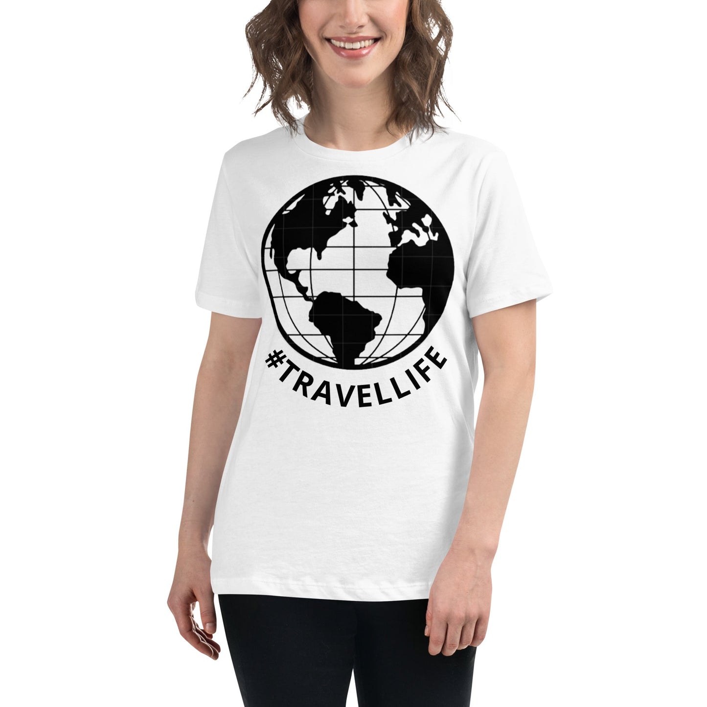 #Travellife World Women's White Relaxed T-Shirt Large Black Text 2X+