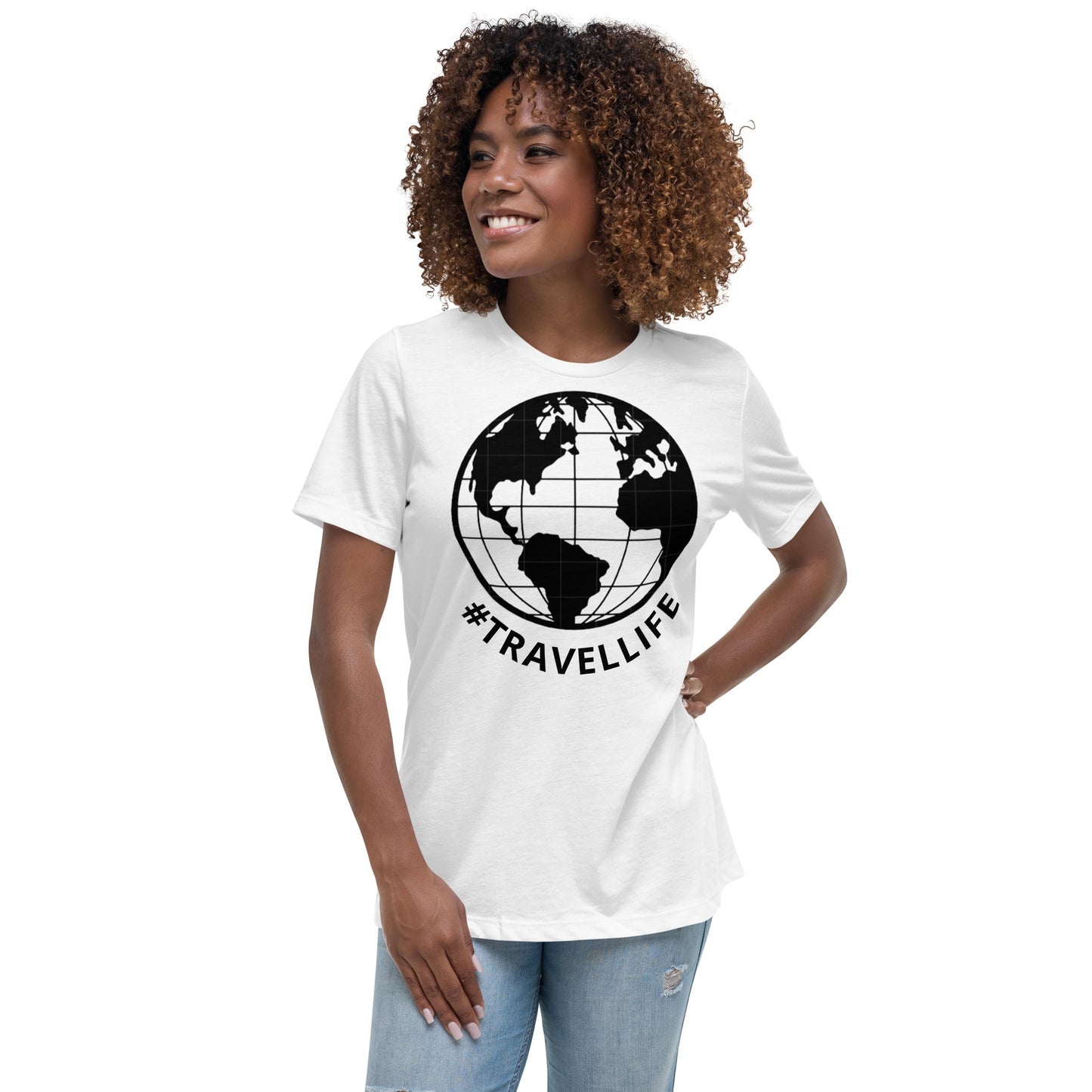 #Travellife World Women's White Relaxed T-Shirt Large Black Text 2X+