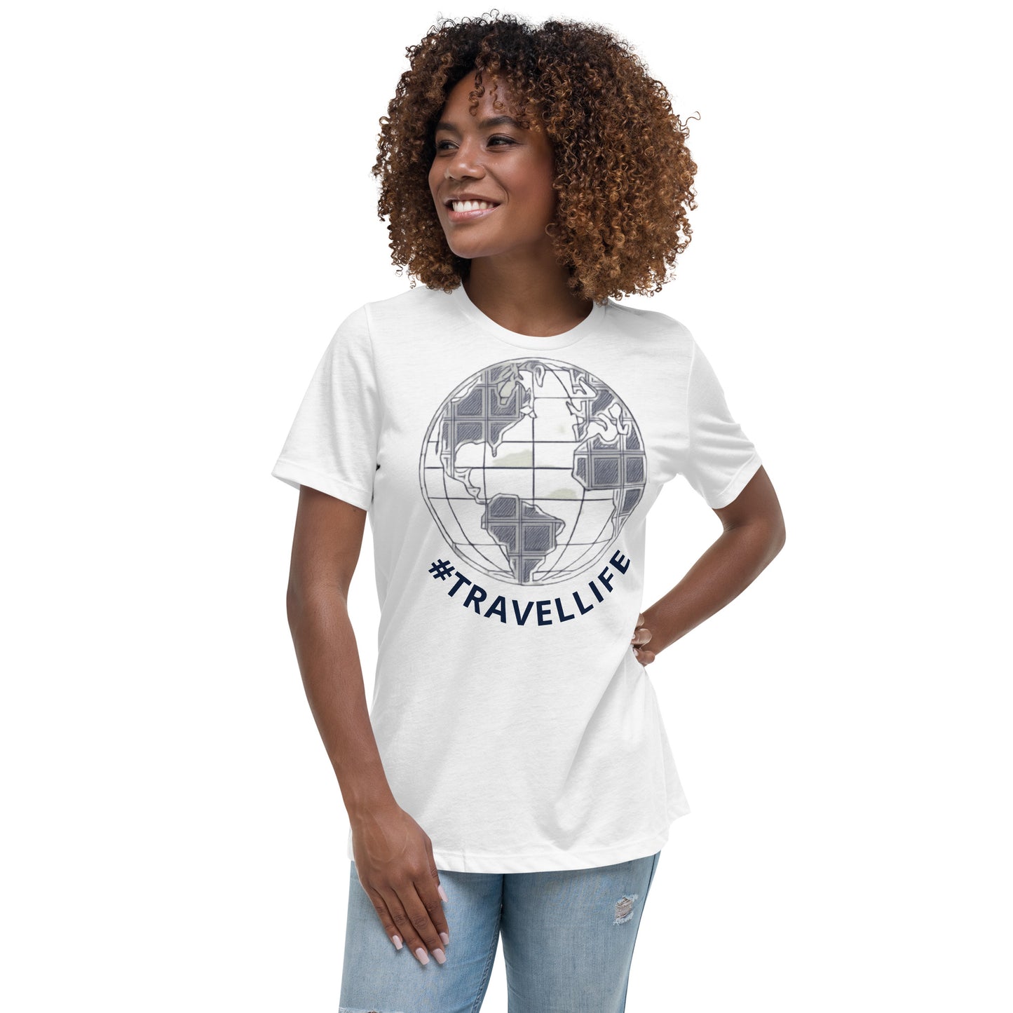 #Travellife World Women's White Relaxed T-Shirt Large Navy Text