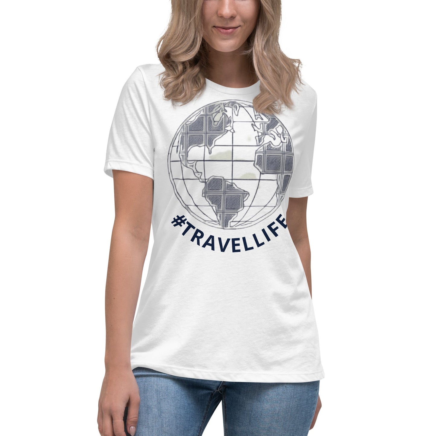 #Travellife World Women's White Relaxed T-Shirt Large Navy Text 2X+